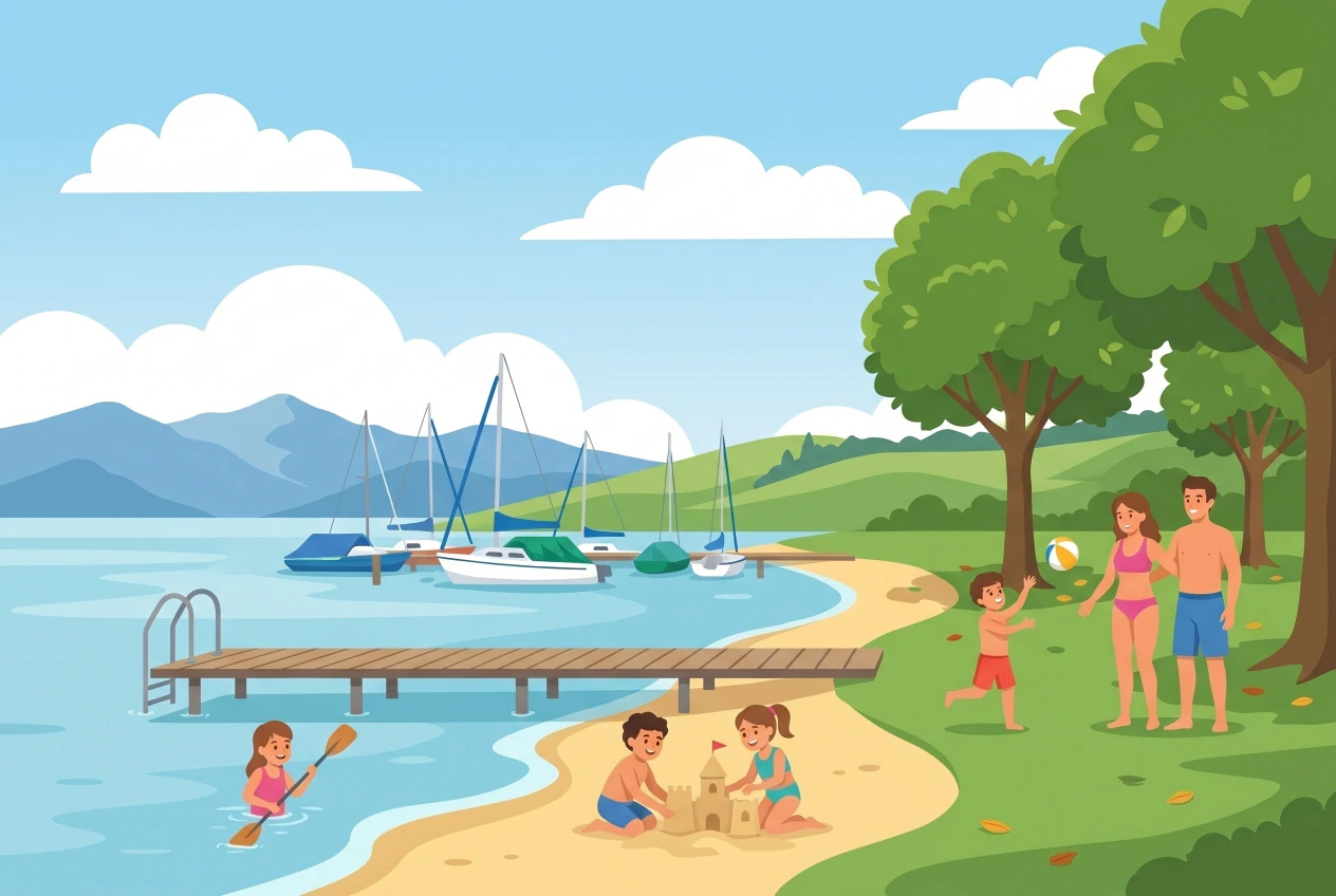 Illustration of the beach at the Port of Vaumarcus by Lake Neuchâtel