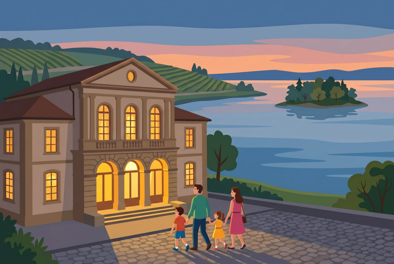 Illustration plate du Casino-Theatre de Rolle au bord du lac Leman au crepuscule, une famille arrivant au spectacle