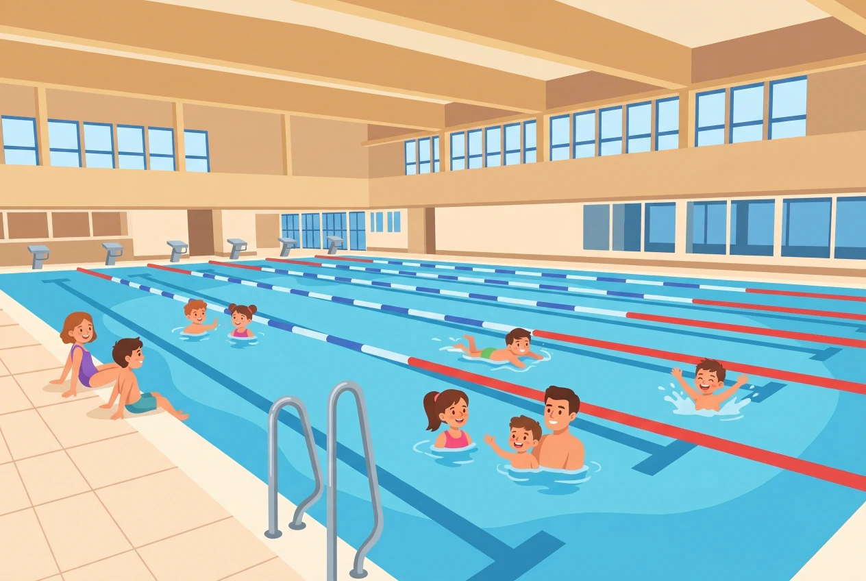 Illustration de la piscine couverte de Terre Sainte a Coppet : bassin interieur avec lignes d'eau, enfants qui nagent et familles au bord du bassin sous une charpente en bois