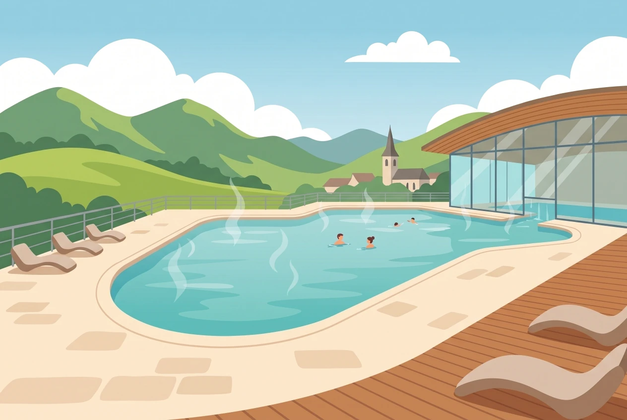 Illustration des Bains de la Gruyère à Charmey, bassin thermal extérieur face aux Préalpes