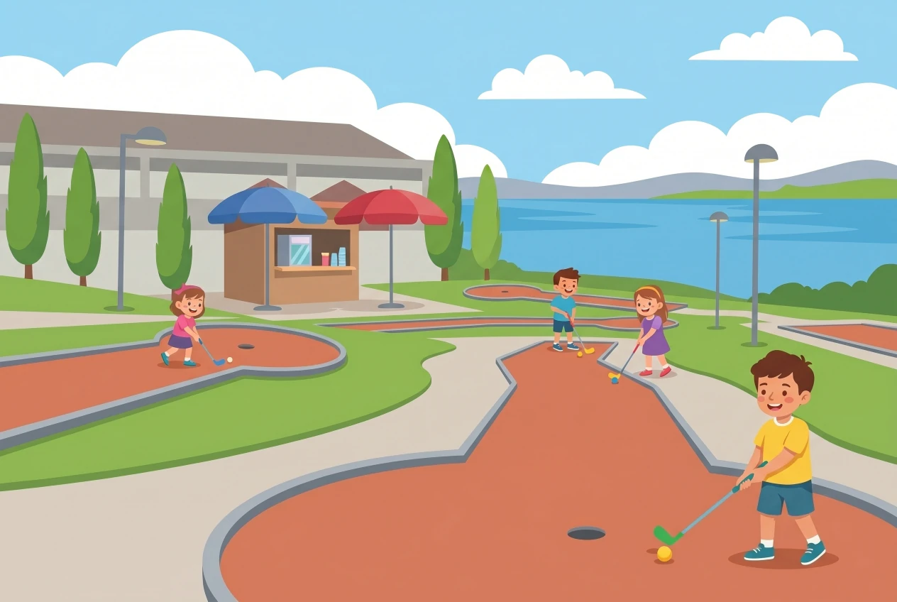 Illustration du Minigolf La Canebière à Neuchâtel : parcours de minigolf en plein air au bord du lac de Neuchâtel, avec une buvette à parasols, des arbres et des enfants jouant au minigolf.