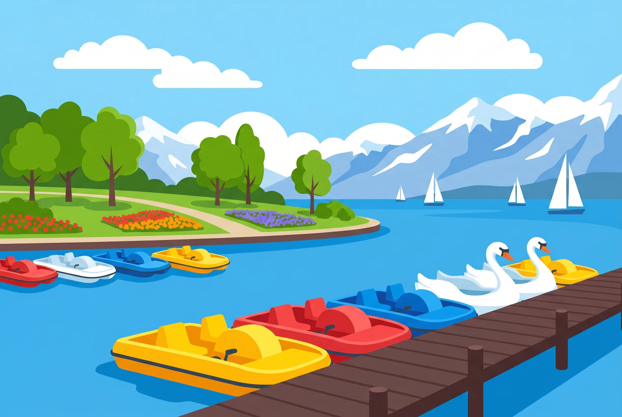 Illustration de pédalos colorés au port de Morges sur le Léman, près du Parc de l'Indépendance