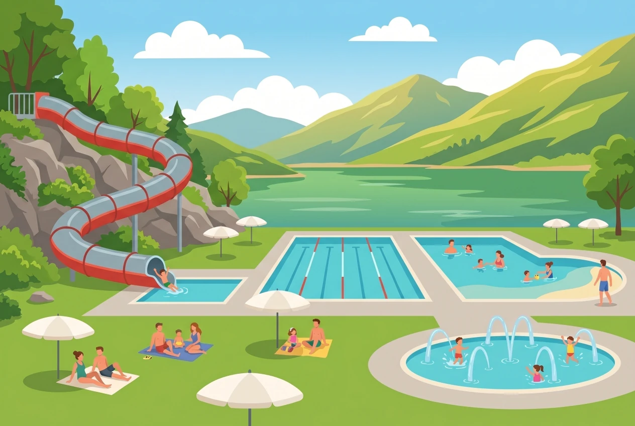 Illustration des Bains de Géronde à Sierre, bassins de plein air et toboggan