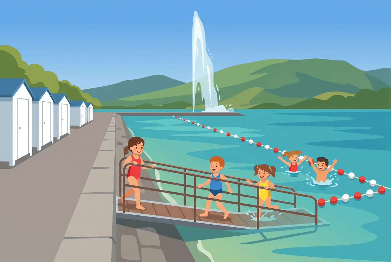 Illustration of the swimming area at Quai Wilson in Geneva: children in swimsuits going down the launch ramp and swimming in the area marked by buoys, changing cabins along the quay and Jet d'eau in the background.