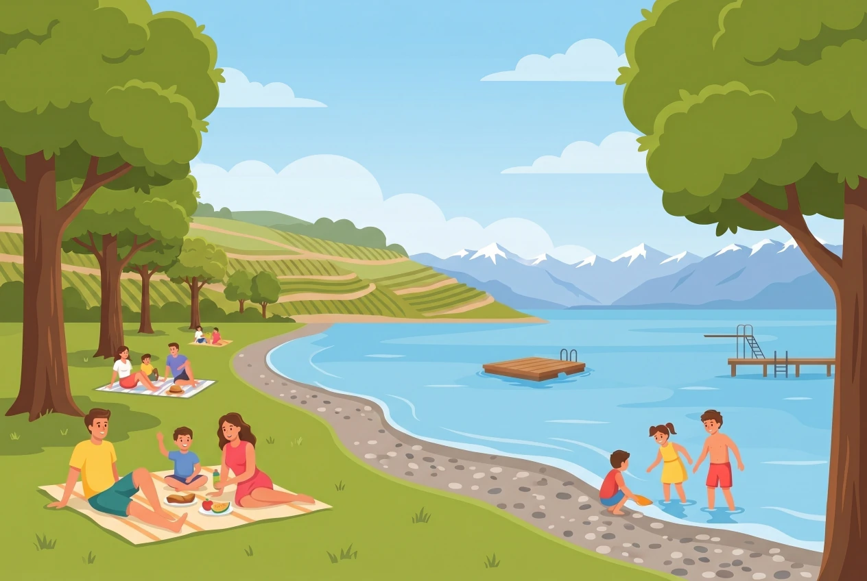 Illustration de la plage du Plongeon à Perroy au bord du Léman