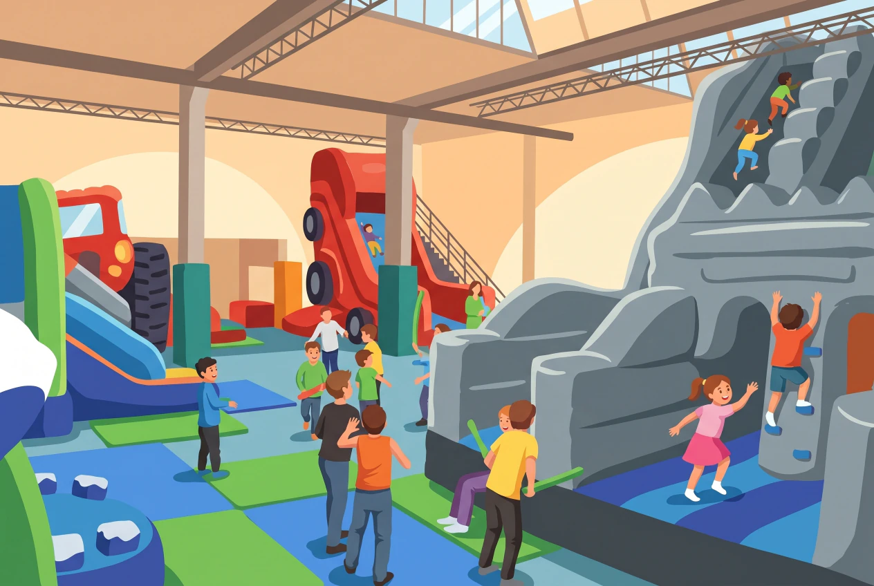 Illustration du parc de jeux couvert Yatouland aux Acacias à Genève : grande halle avec toboggans et châteaux gonflables géants, un mur d'escalade gonflable gris et un véhicule rouge, où des enfants grimpent, courent et glissent sur des tapis de jeu.