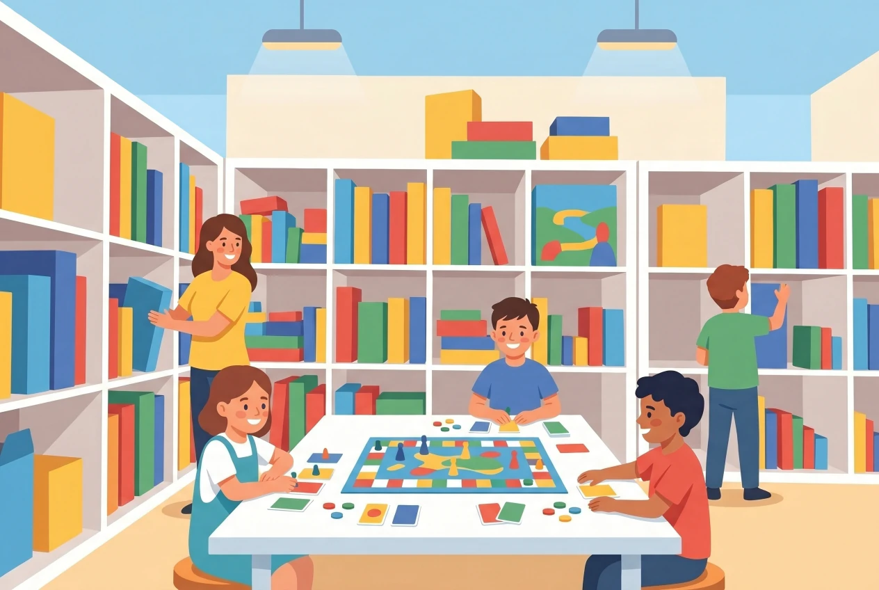 Illustration de la Ludotheque de Terre Sainte a Coppet : interieur lumineux avec etageres de jeux de societe et enfants jouant autour d'une table