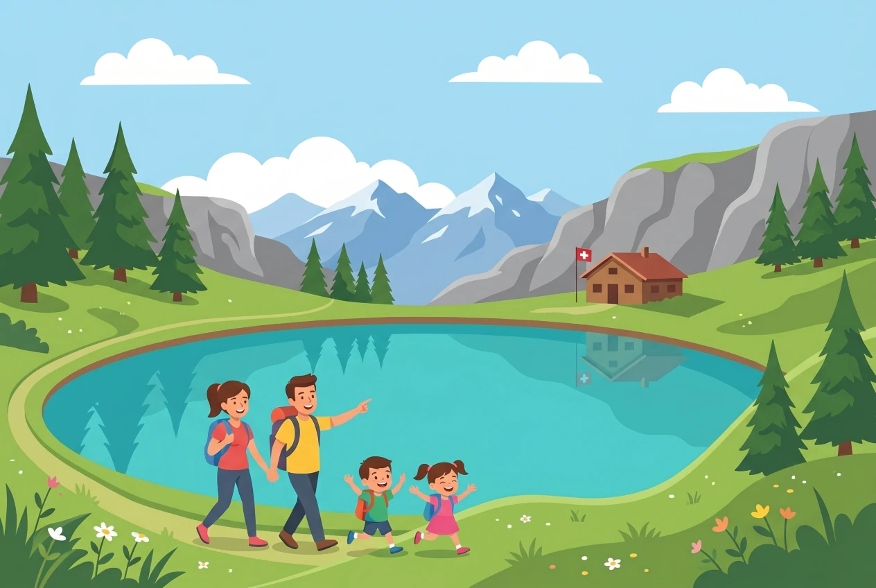 Illustration du lac de Lioson, au-dessus du Col des Mosses : lac de montagne aux eaux turquoise entouré de sapins et de falaises, avec le chalet d'alpage et une famille qui randonne au bord de l'eau