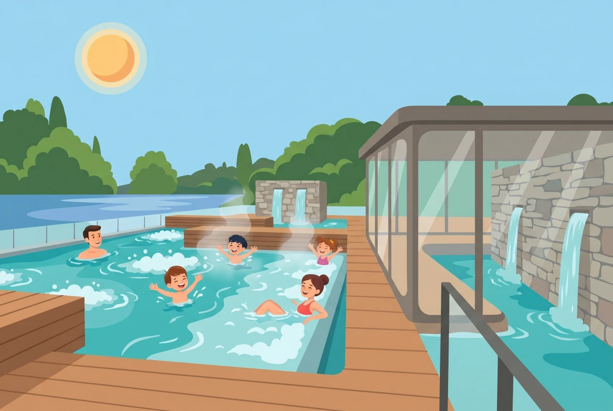 Illustration plate du Bain-Bleu Hammam & Spa a Cologny: bassin thermal exterieur du toit avec jets bouillonnants, terrasse en bois et pavillon vitre, vue sur le lac, enfants barbotant avec un parent.