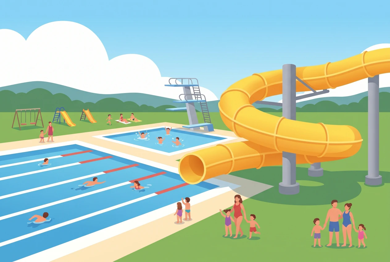 Illustration de la piscine de plein air d'Yverdon-les-Bains, grand bassin et toboggan