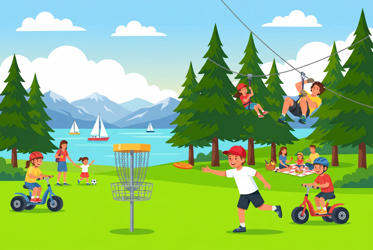 Illustration de l'Espace Loisirs Basse-Ruche a Saint-Cergue : enfants en trottinettes tout-terrain et swinggolf sur l'alpage verdoyant du Jura, tyroliennes dans les sapins, vue sur le lac Leman