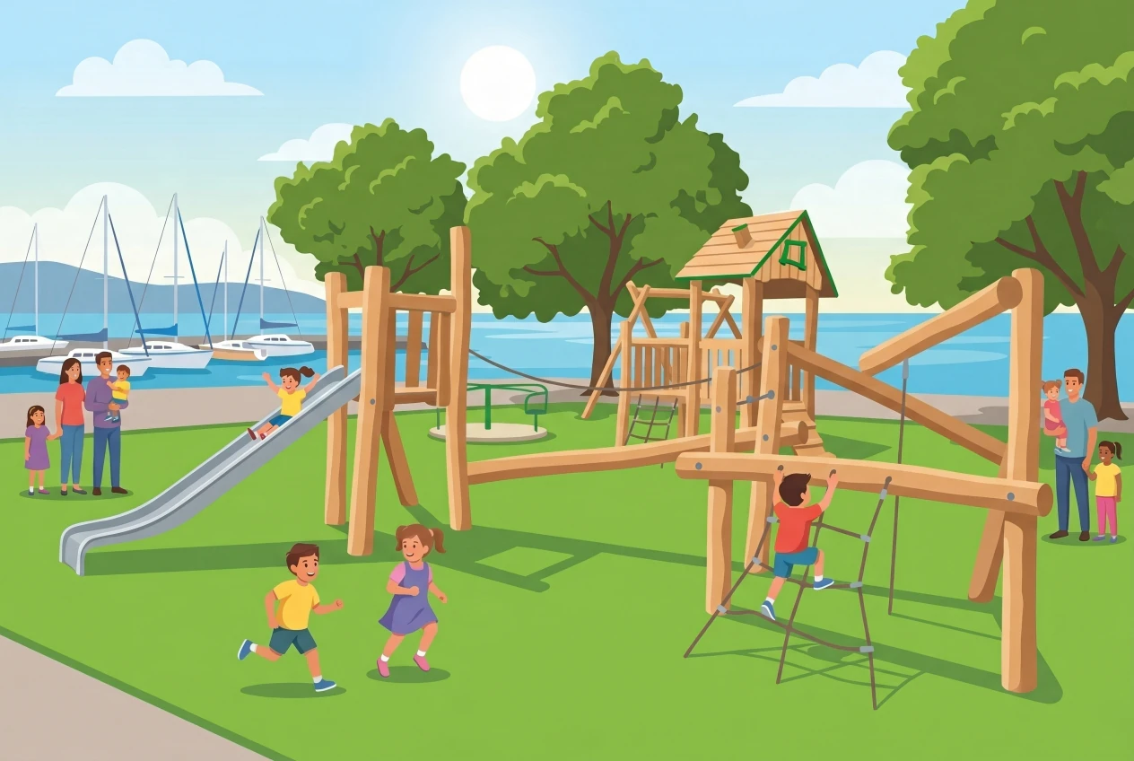 Illustration de la place de jeux du Jardin Anglais à Rolle : structure en bois avec toboggan, tour à toit et filet d'escalade sur sol vert, au bord du port et du lac avec voiliers, enfants qui jouent.