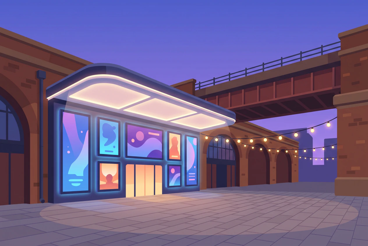 Illustration de l'entrée du cinéma Pathé Flon à Lausanne, panneaux d'affiches lumineux sous les arches du Flon au crépuscule
