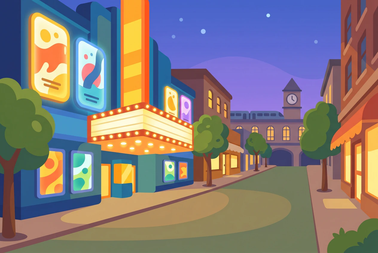 Illustration de la façade du cinéma Pathé Les Galeries à Lausanne, marquise lumineuse et affiches dans une rue en pente près de la gare