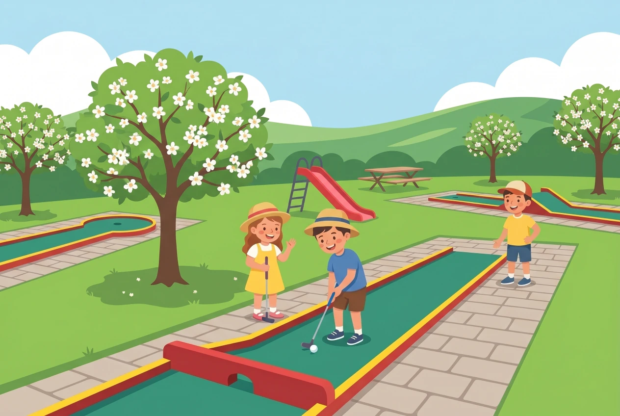Illustration du Minigolf des Pommiers à Cudrefin : parcours de minigolf en plein air aux pistes vertes bordées de rouge et jaune, arbres en fleurs et pelouse, avec des enfants qui jouent au club, près du lac de Neuchâtel