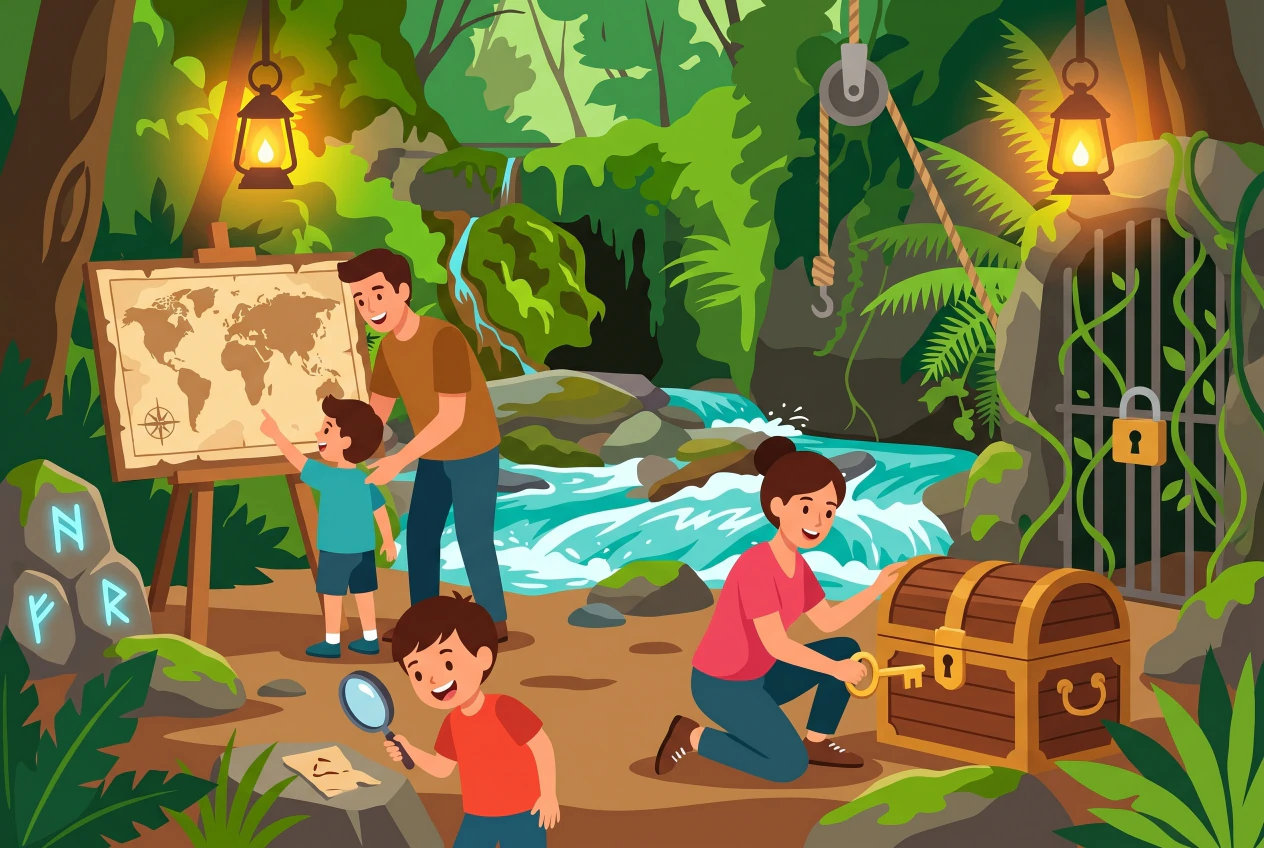 Illustration plate de escape game a Morges, une famille resolvant des enigmes
