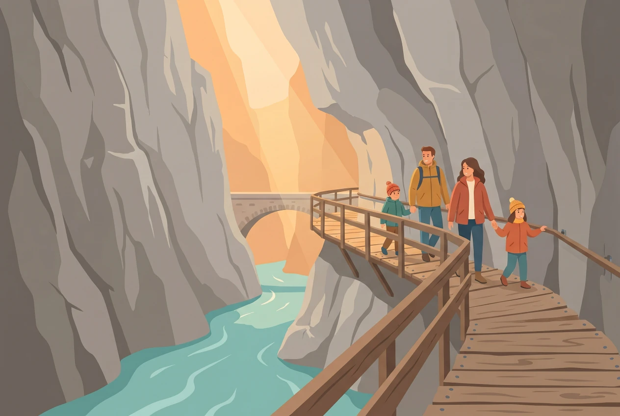 Illustration des Gorges du Trient à Vernayaz : passerelles en bois le long de la paroi au-dessus du torrent, famille en visite, canyon étroit du Valais