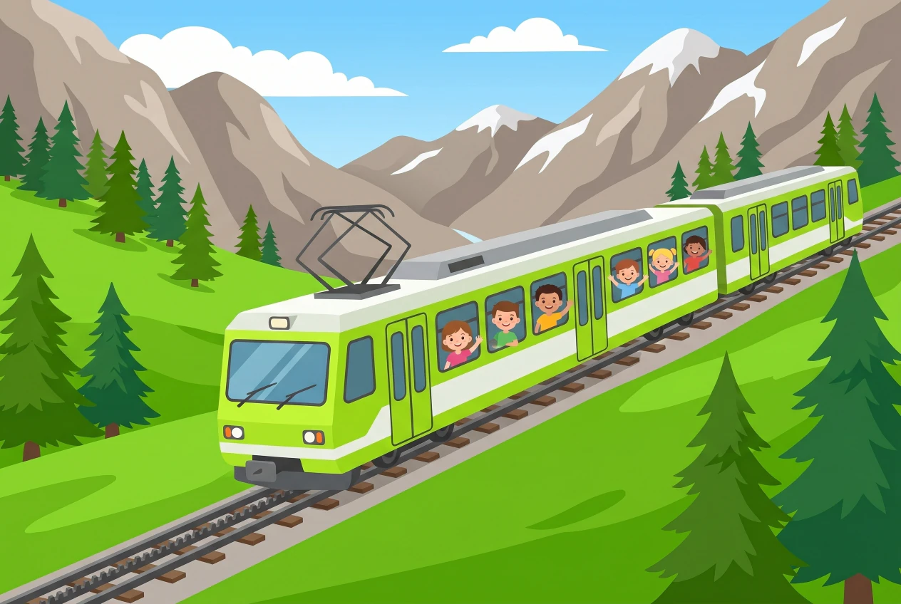 Illustration du train BVB Bex-Villars-Bretaye : train de montagne vert clair grimpant vers le col à travers alpages et sapins, sommets enneigés en arrière-plan, enfants saluant aux fenêtres