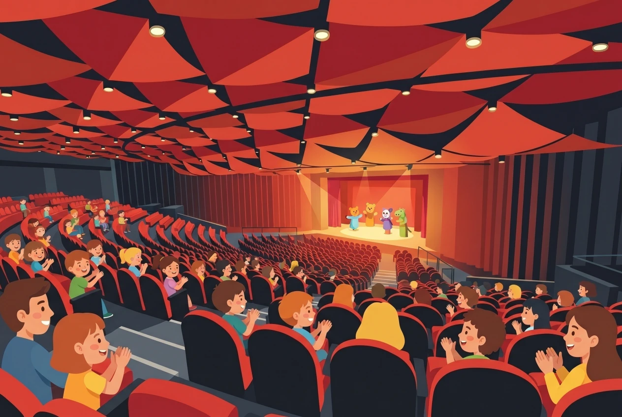Illustration de la salle du Théâtre de Beausobre à Morges : enfants et parents dans les fauteuils rouges applaudissant un spectacle de marionnettes sur la scène éclairée, sous le plafond aux voiles acoustiques rouges.
