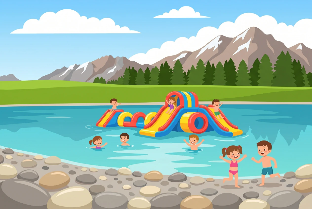 Illustration de l'Espace de Frience à Gryon l'été : lac d'altitude turquoise avec plage de gravier, structure gonflable et enfants qui se baignent, montagnes des Alpes vaudoises