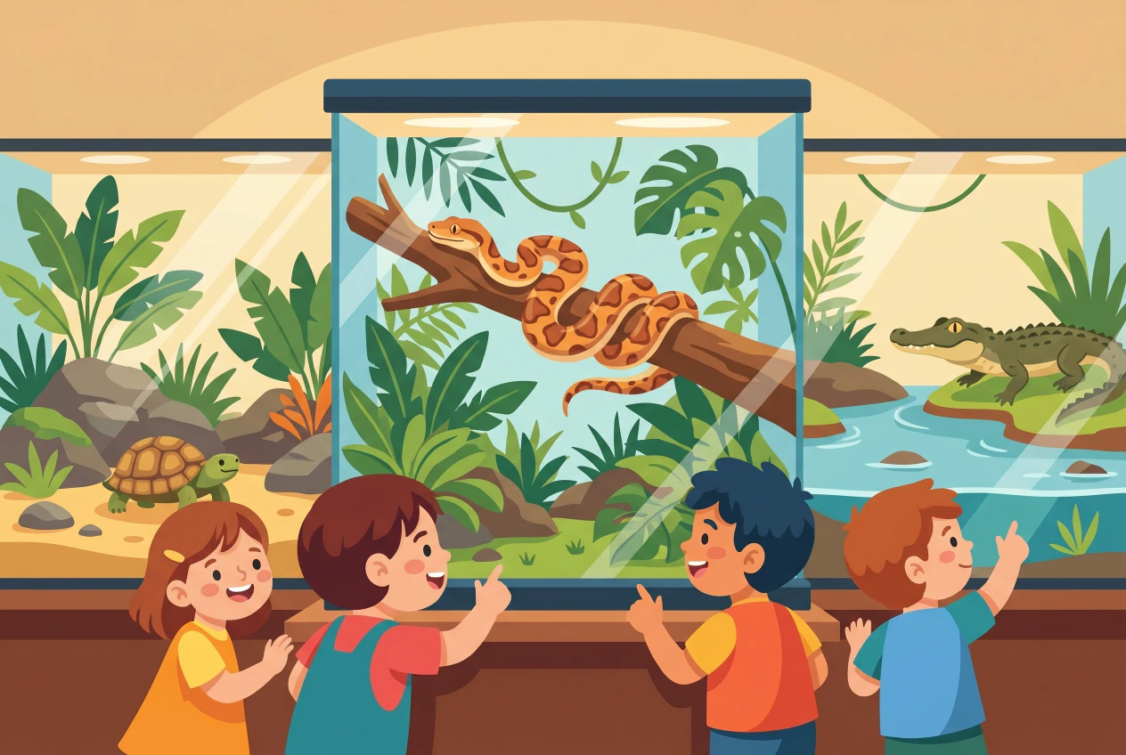 Illustration plate du Vivarium de Meyrin: des enfants observent à travers la vitre un grand terrarium tropical avec un serpent enroulé sur une branche, une tortue terrestre et un jeune caïman au bord de l'eau