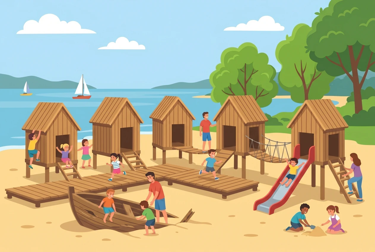Illustration de la place de jeux de Vidy à Lausanne, thème village de pêcheurs au bord du Léman