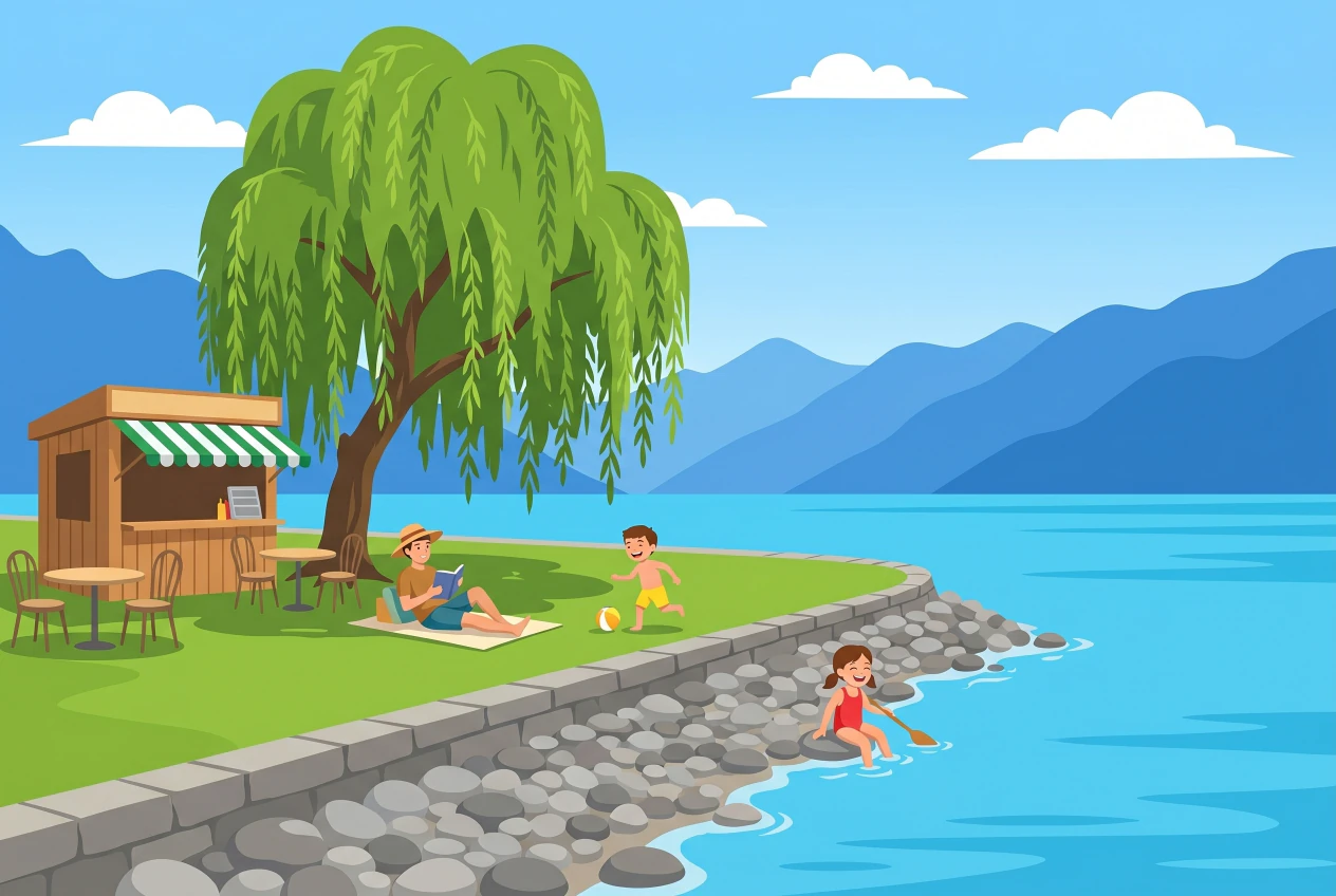 Illustration de la plage de la Maladaire à La Tour-de-Peilz : pelouse ombragée par un grand saule pleureur au bord du lac Léman, rive de galets et kiosque-restaurant, avec une famille qui profite de la plage