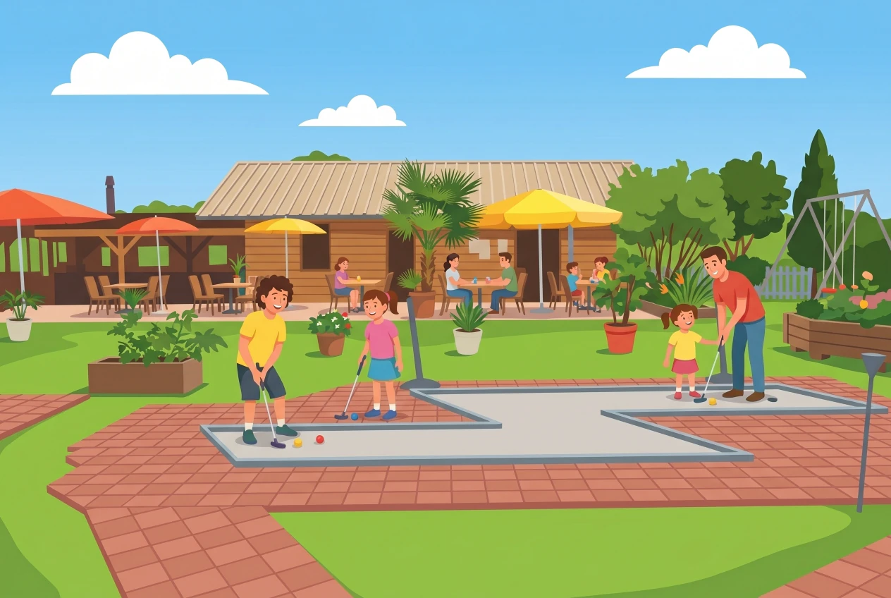 Illustration du minigolf en plein air de Reconvilier, dans le Jura bernois : parcours aux pistes vertes au centre du village, buvette et enfants qui jouent au club en famille