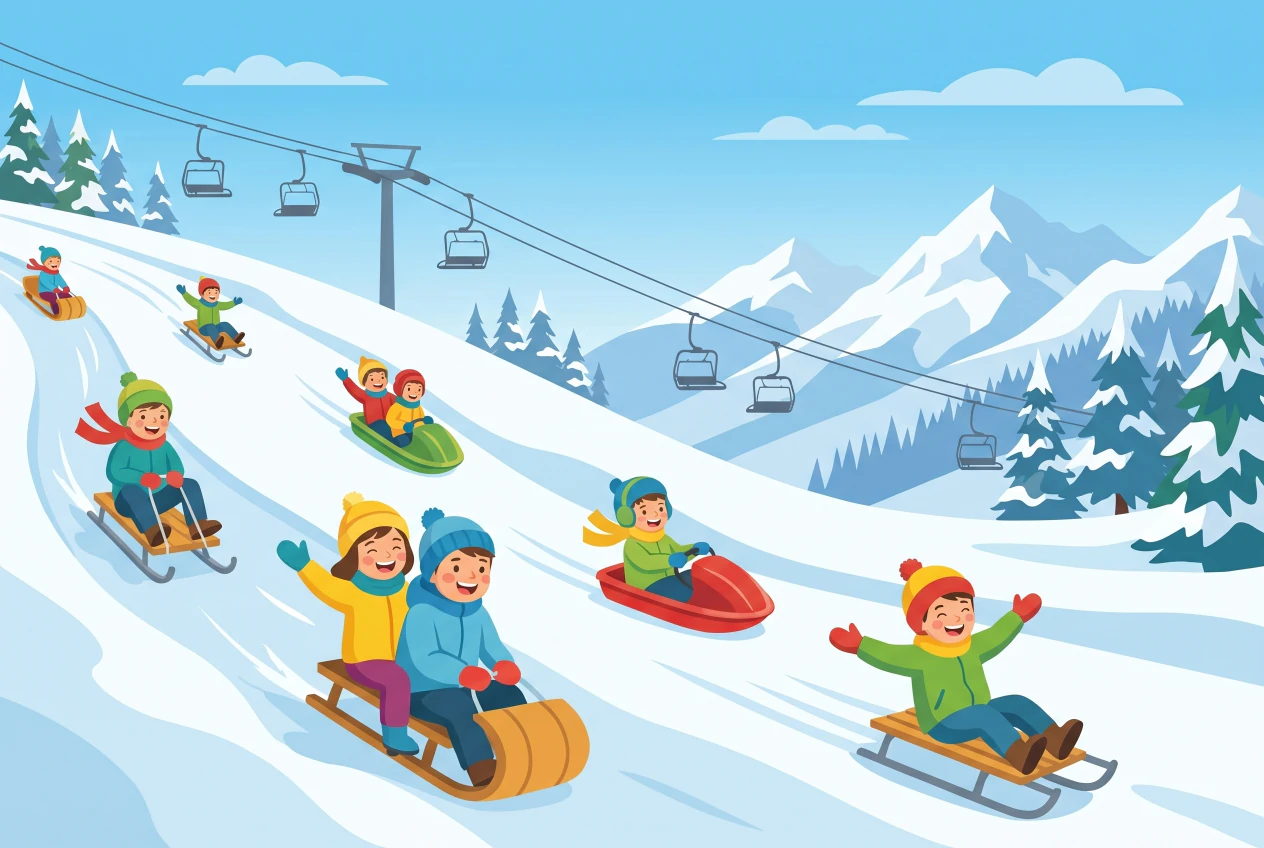 Illustration plate de la piste de luge des Rousses a Anzere, enfants en luge sur une longue piste enneigee