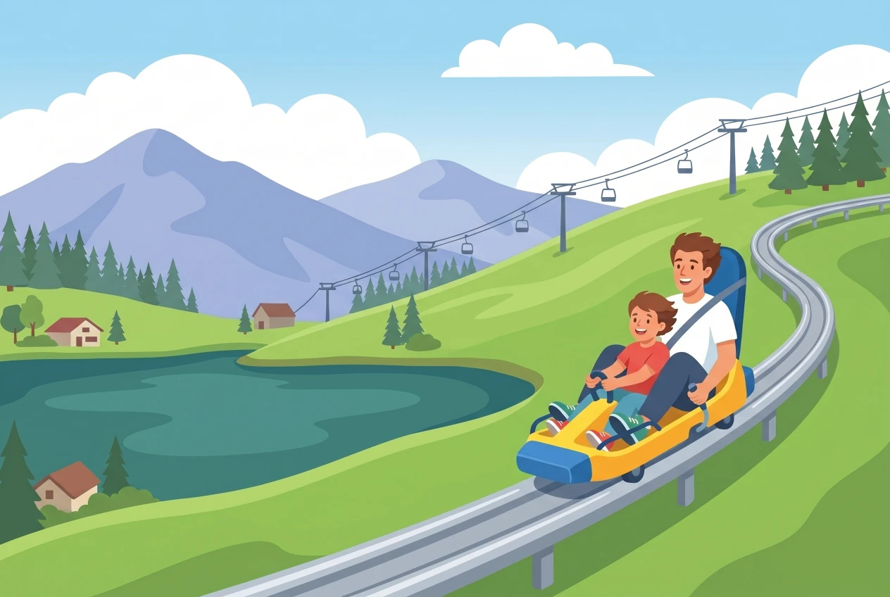 Illustration plate d'un enfant et d'un parent dévalant la piste de luge d'été sur rails du Lac Noir (Schwarzsee), au-dessus du lac de montagne et des Préalpes fribourgeoises