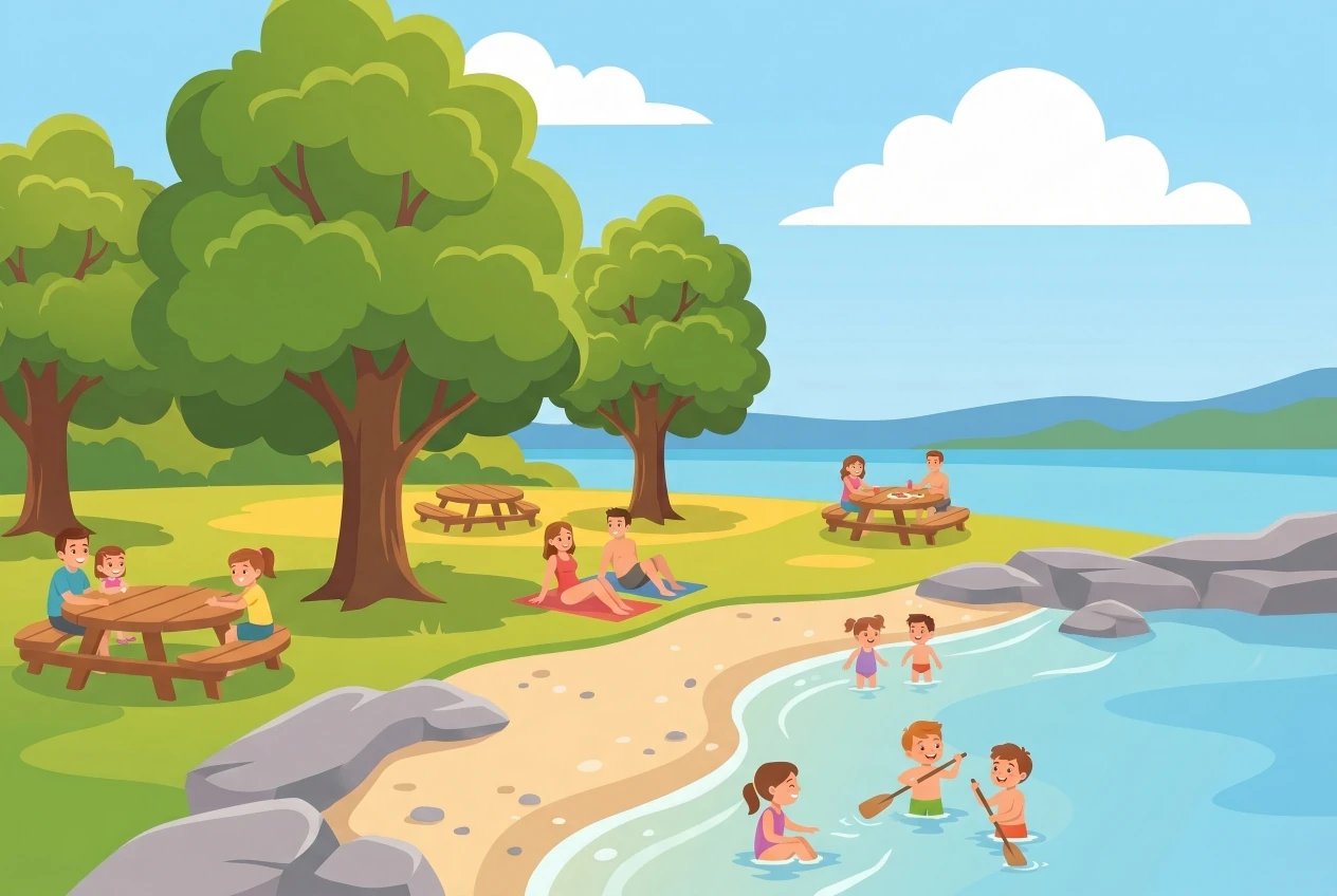 Illustration de la plage de la Dullive à Dully : crique sableuse au bord du lac Léman, gazon et grands arbres, rochers, tables de pique-nique, familles et enfants qui se baignent.