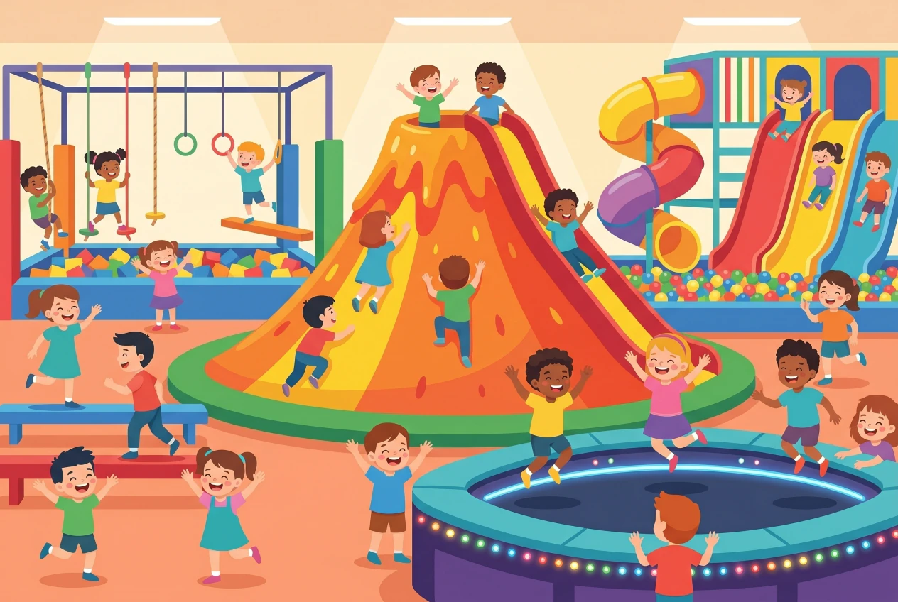 Illustration plate de Kids Fun Park a Etoy, grande aire de jeux interieure avec volcan et toboggans