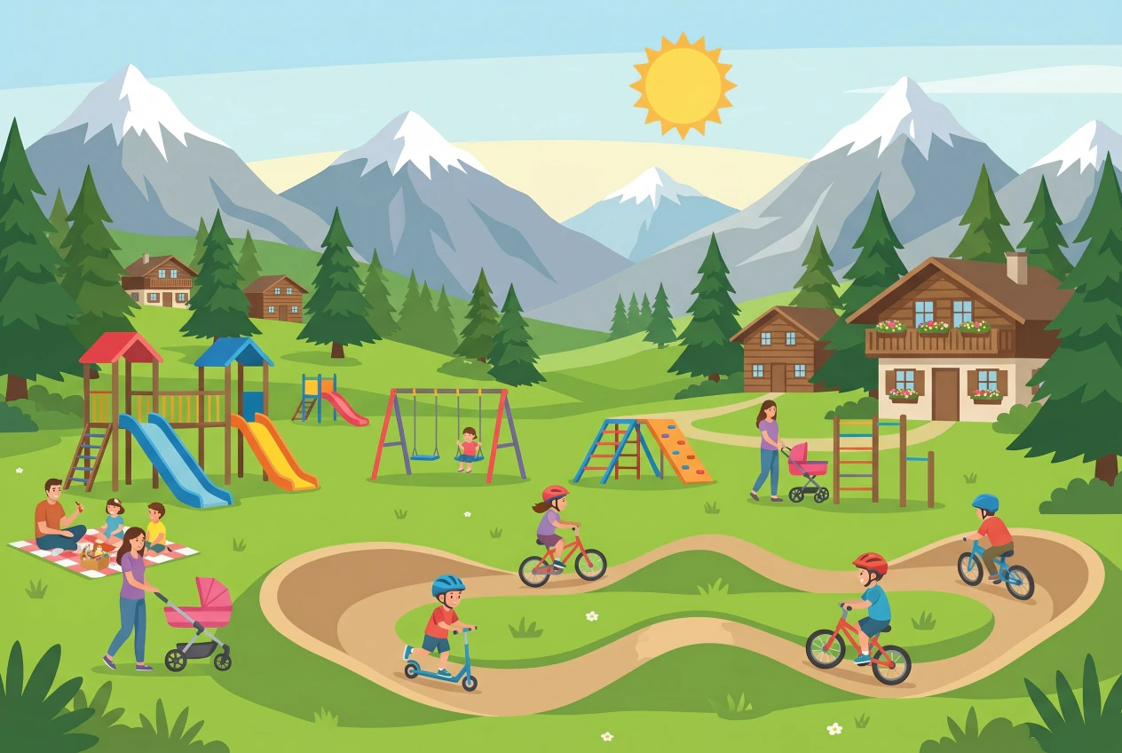 Illustration plate de l'Espace du Lavioz a Vercorin, place de jeux et pumptrack pour enfants en plein air