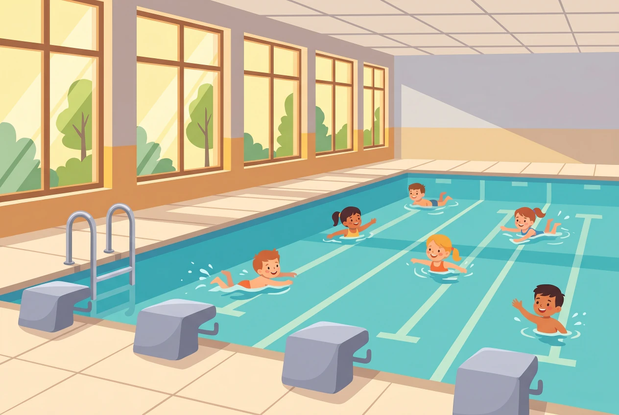 Illustration plate de la piscine intérieure des Pervenches à Carouge: grand bassin couvert de 25 mètres avec lignes d'eau, plots de départ, échelle et grandes baies vitrées, des enfants nageant joyeusement.