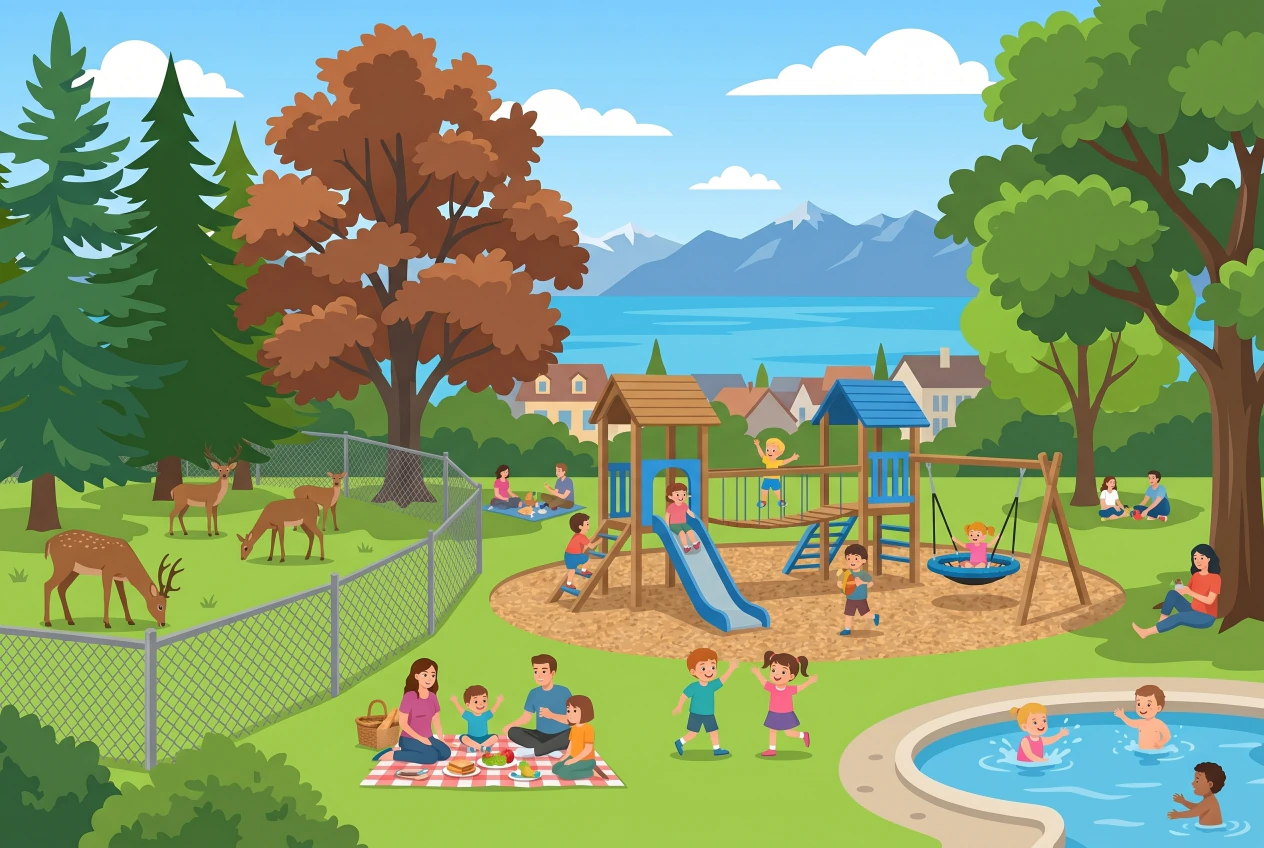 Illustration du Parc Guillemin à Pully : l'enclos aux biches, la place de jeux avec toboggan et balançoires, la pataugeoire bleue où barbotent les tout-petits, sous de grands arbres, avec vue sur le lac Léman et les Alpes