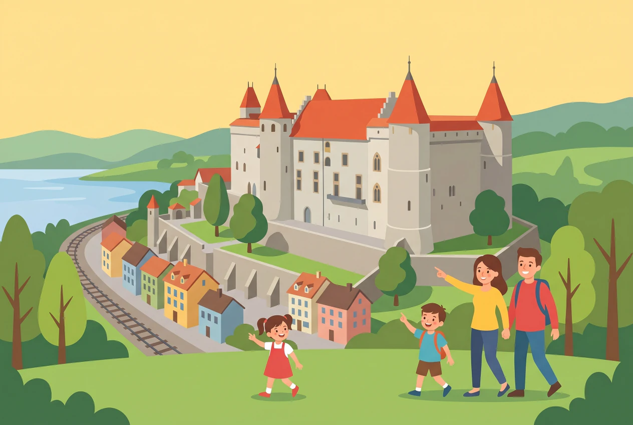 Illustration du Château de Grandson : imposant château médiéval aux grosses tours coiffées de toits coniques rouges, dominant le bourg et le lac de Neuchâtel, avec une famille en visite