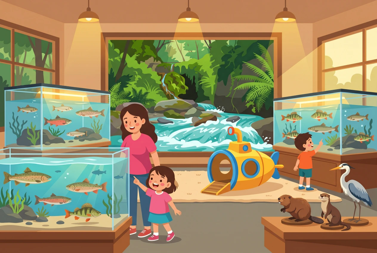 Illustration plate de la Maison de la Riviere a Tolochenaz, enfants devant des aquariums de poissons de riviere