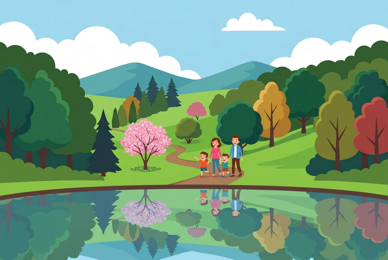 Illustration de l'Arboretum du Vallon de l'Aubonne : un parc vallonné planté d'arbres variés, un étang qui reflète le paysage, un sentier qui serpente dans la prairie et une famille qui se promène.