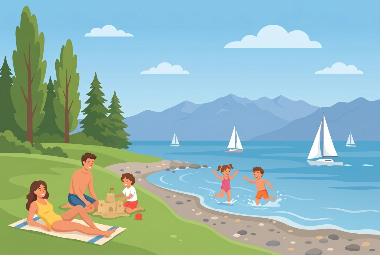 Illustration de la plage de la Voile d'Or à Lausanne au bord du Léman