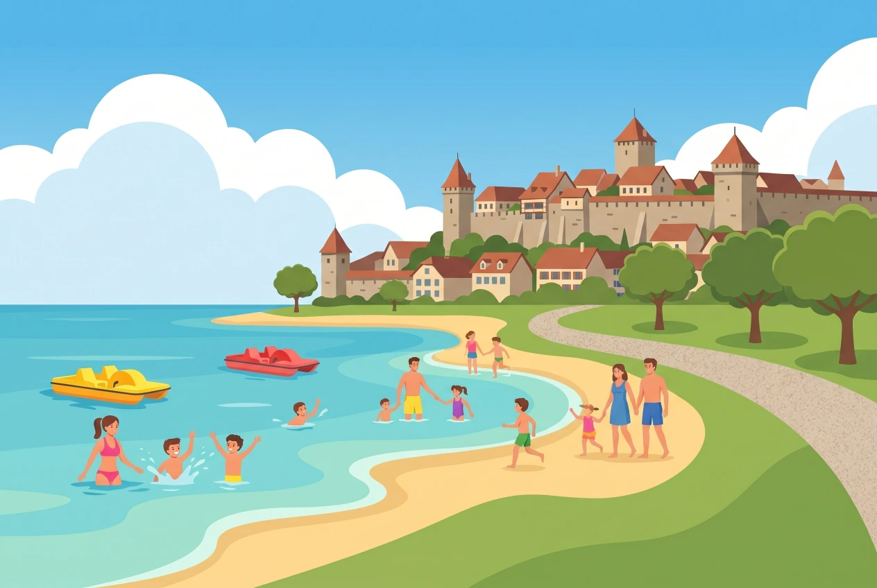 Illustration de la plage de Morat : plage de sable au bord du lac, familles qui se baignent, pédalos et vieille ville médiévale de Morat à l'arrière-plan.