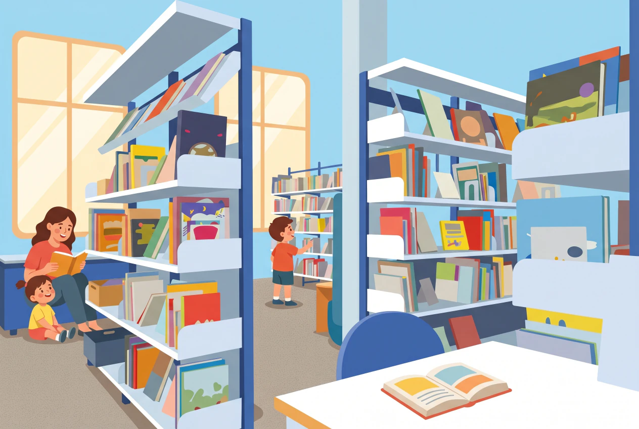 Illustration de la bibliothèque de Gland: rayonnages bleu et blanc remplis de livres colorés pour enfants, une maman lit à un tout-petit pendant qu'un enfant choisit un album près des grandes fenêtres.