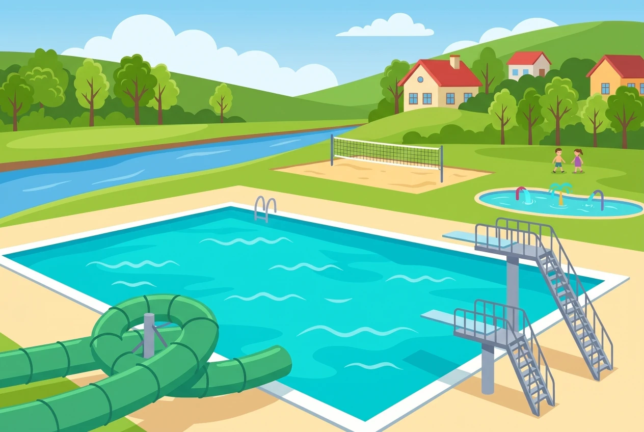 Illustration de la piscine de plein air de Vallorbe au bord de l'Orbe
