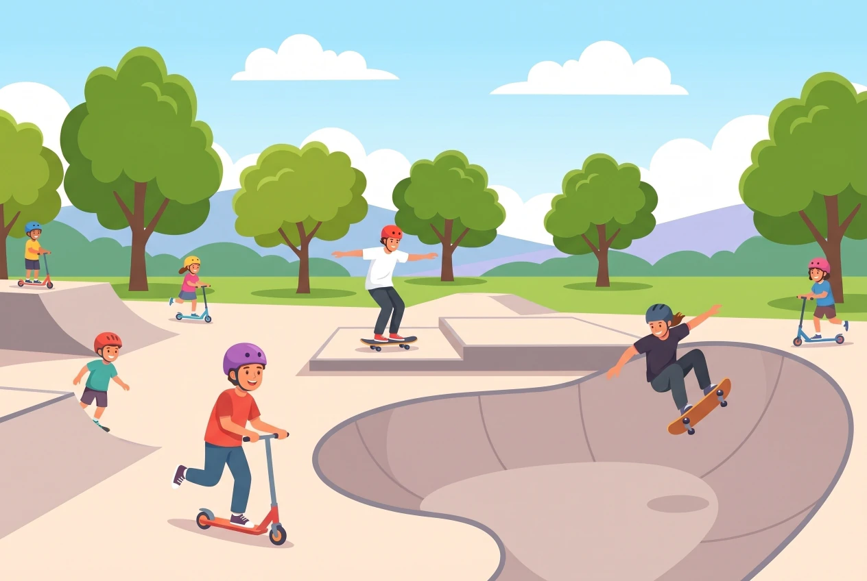 Illustration du skatepark de Gland: des enfants et des ados casqués s'amusent en trottinette et en skateboard sur les rampes et le bowl en béton, entourés d'arbres et de collines.