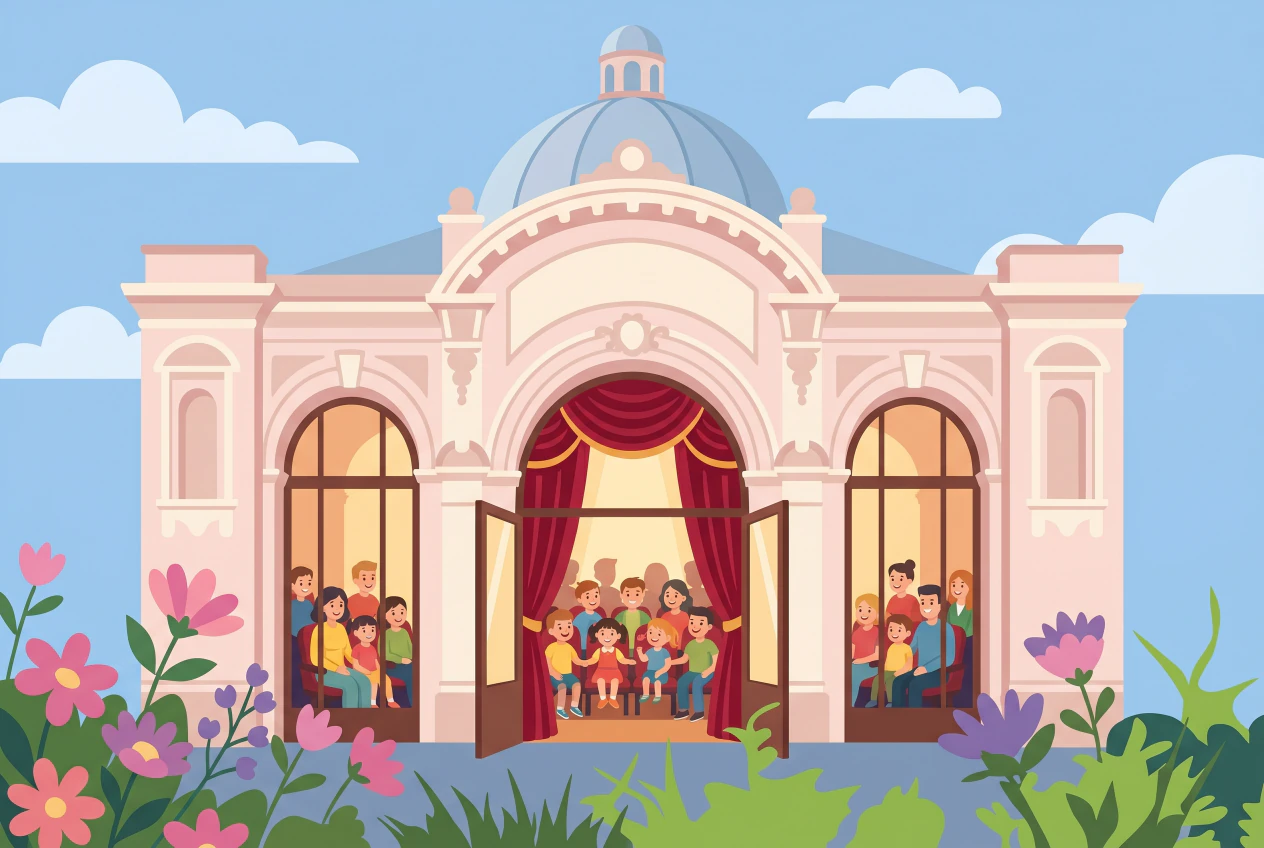 Illustration du Théâtre Benno Besson à Yverdon-les-Bains, élégant bâtiment néo-baroque rose à coupole, avec un rideau de scène rouge et un jeune public d'enfants et de familles ravis