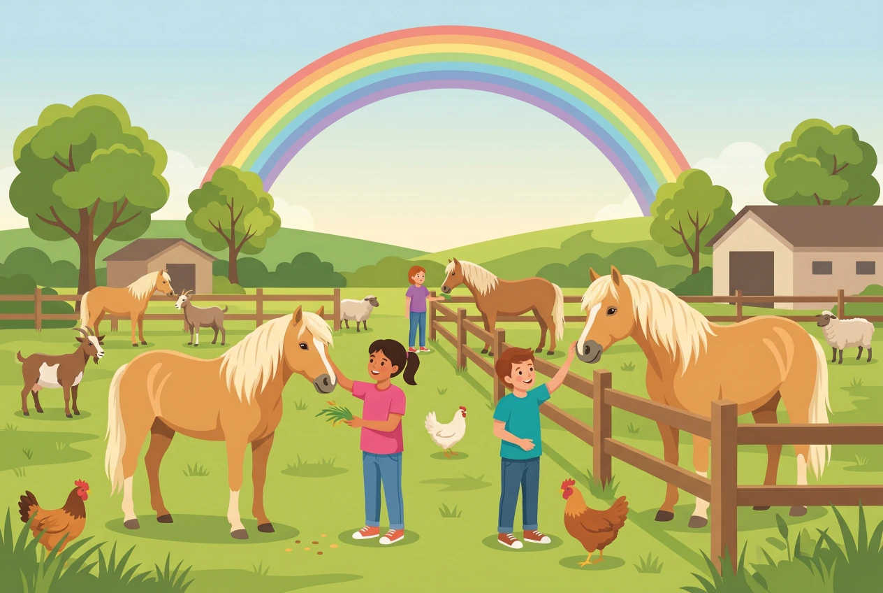 Illustration of the Ferme de la Gavotte in Grand-Lancy: children are petting and feeding haflinger ponies in grassy enclosures surrounded by wooden fences, with goats, sheep, and chickens, under a rainbow near Geneva.