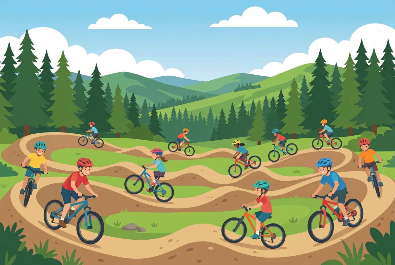 Illustration plate du bike park de Saint-Cergue, enfants a VTT avec casques sur un pump track au pied du Jura en ete
