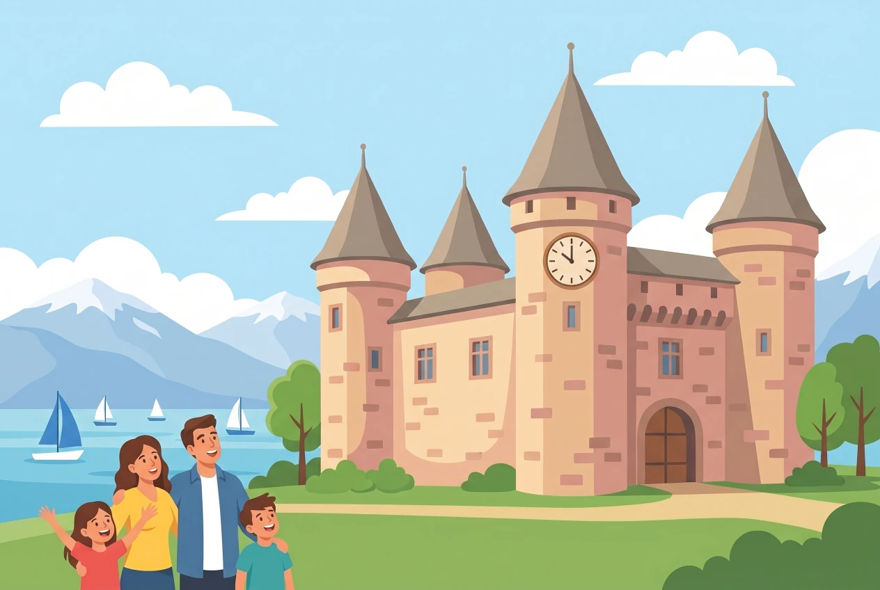 Illustration du château de Morges, forteresse médiévale aux quatre tours rondes au bord du lac Léman, avec une famille devant