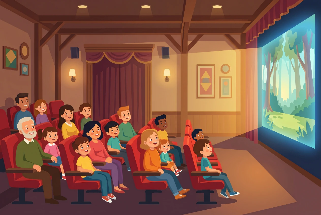 Illustration plate de Cinema Casino de Cossonay, enfants regardant un film sur grand ecran