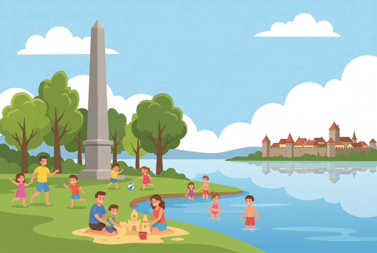 Illustration de la plage de l'Obélisque à Morat au bord du lac de Morat