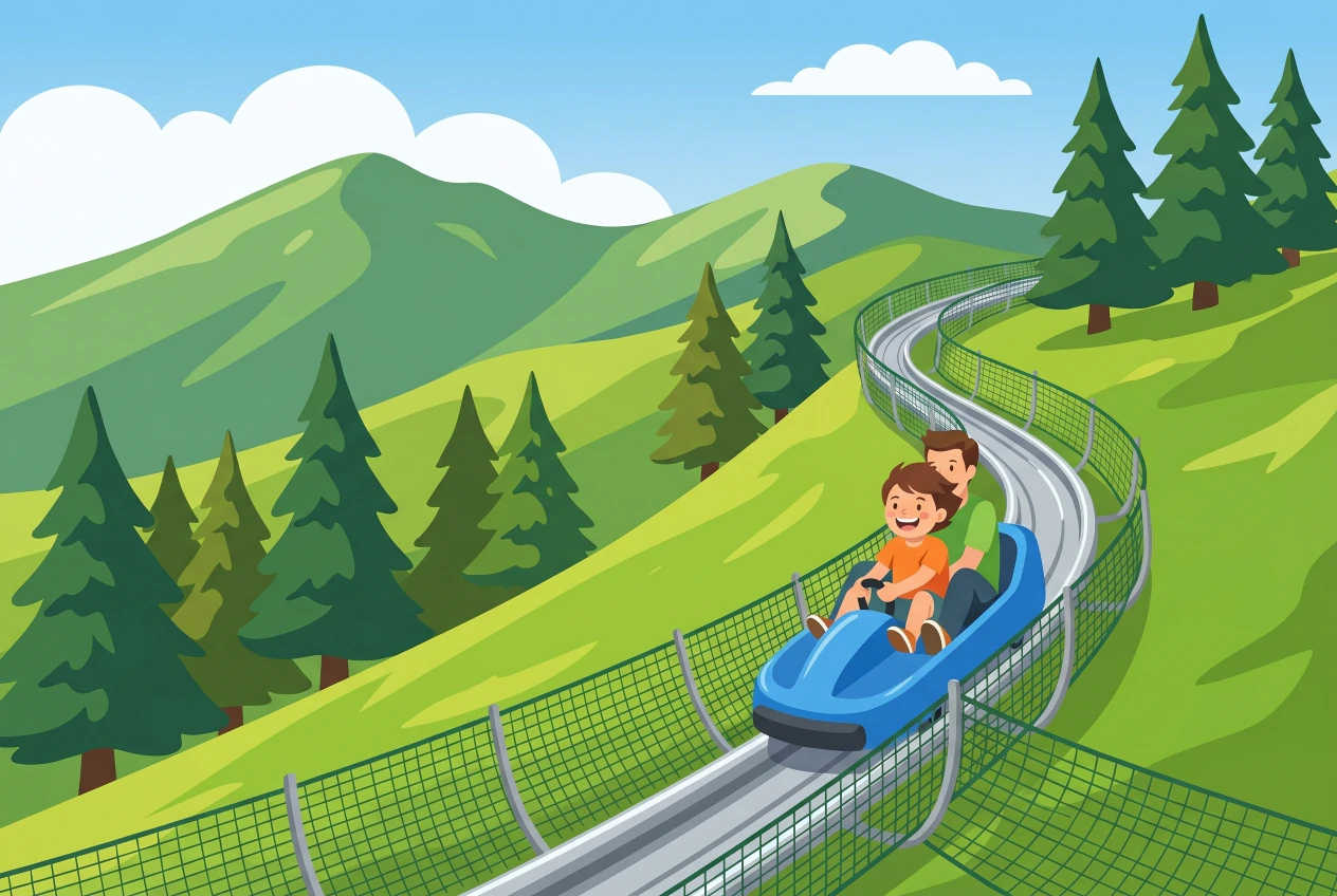 Illustration du parc de loisirs de Moléson : une luge bleue sur rail (bob-luge) dévale une pente verte entre les sapins, un enfant et un adulte à bord, avec les montagnes vertes de la Gruyère en fond.
